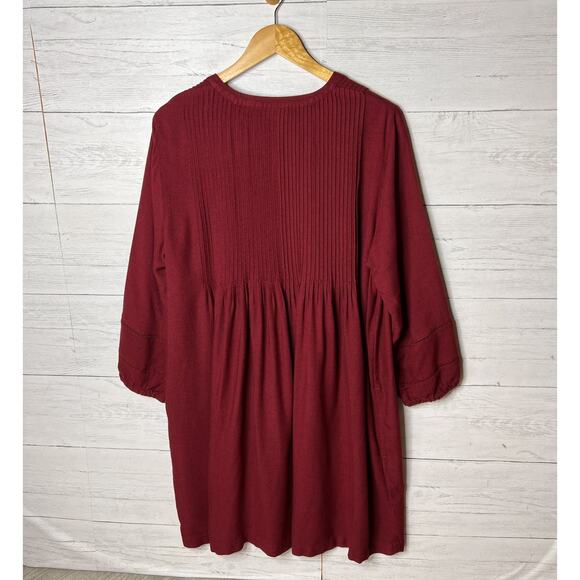 J Jill Tunic Dress Womens Size Large Red Burgundy Pintucked V Neck Long Sleeve - Picture 9 of 16